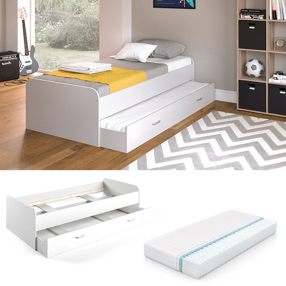VitaliSpa Bett Enzo Jugendbett mit Gästeliege Funktionsbett 90x200 cm Weiß + Matratze