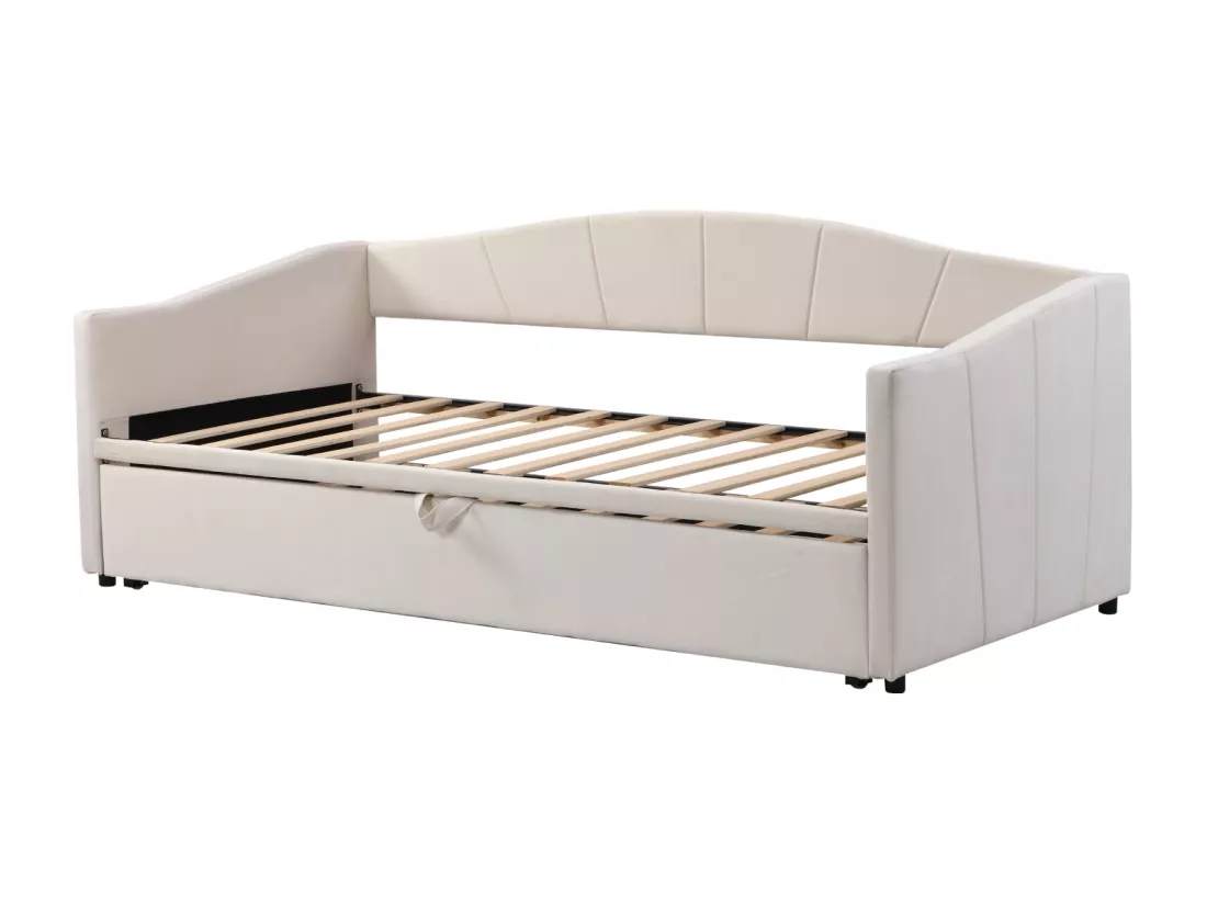 Lit gigogne 90/180x200cm, lit capitonné canapé-lit extensible avec sommiers à lattes, lit multifonctionnel en tissu velours style moderne - beige
