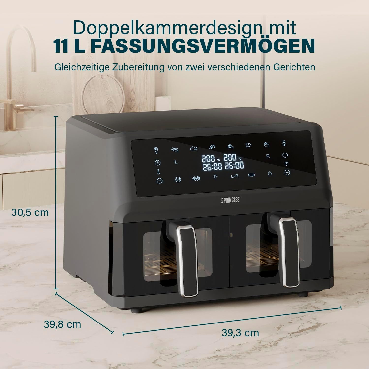 Princess XXL Heißluftfritteuse mit Doppelkorb - 2 Fächer - 11 L - BPA- und PFAS-frei - Sync-Funktion - 8 Programme - Sichtfenster - 2400 W - 182276