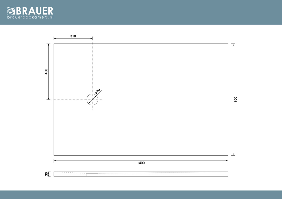 Brauer Asteroid douchevloer 90x140cm mineraalmarmer wit mat