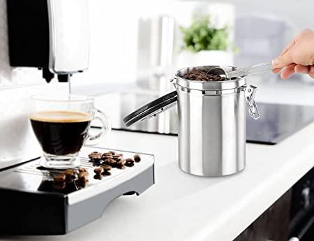 (1.5L) Edelstahl Kaffee Bohnen Aufbewahrungs Dose Luftdichter Kaffeepulver Kanister inkl. Messlöffel - Silber