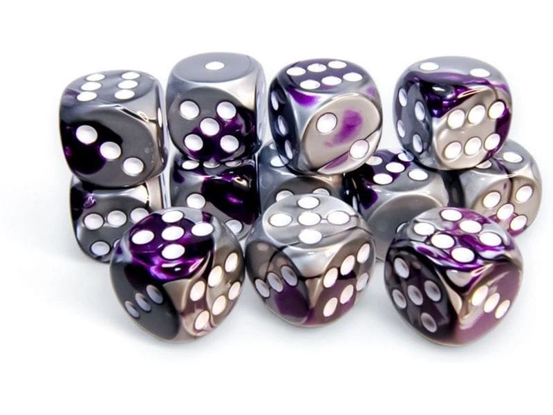 Chessex Würfelset Gemini 16 mm d6 Lila-Stahl/Weiss 12 Stk. Würfelset mit 12 Würfeln