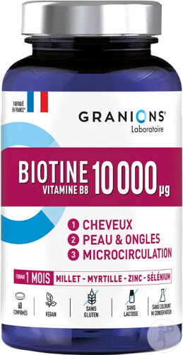 Granions Biotine 10000µg Vitamine B8 + Sélénium Complément Alimentaire Cheveux 60 Comprimés