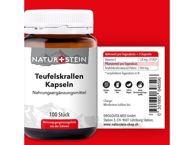 Naturstein Teufelskralle 100 Kapseln Nahrungsergänzung mit Teufelskrallenpulver