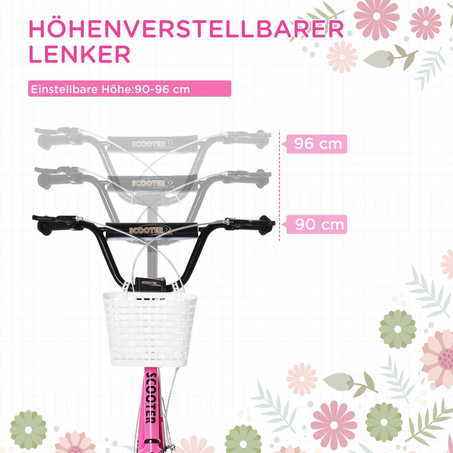 HOMCOM Kinderroller mit Vorderkorb rosa, weiß