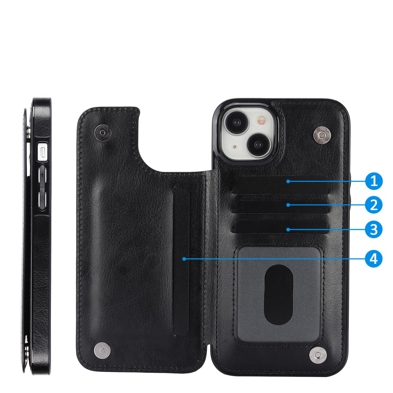 iPhone 15 Hybrid Leder Hülle mit Kartenfach   Kickstand Aufsteller - Schwarz