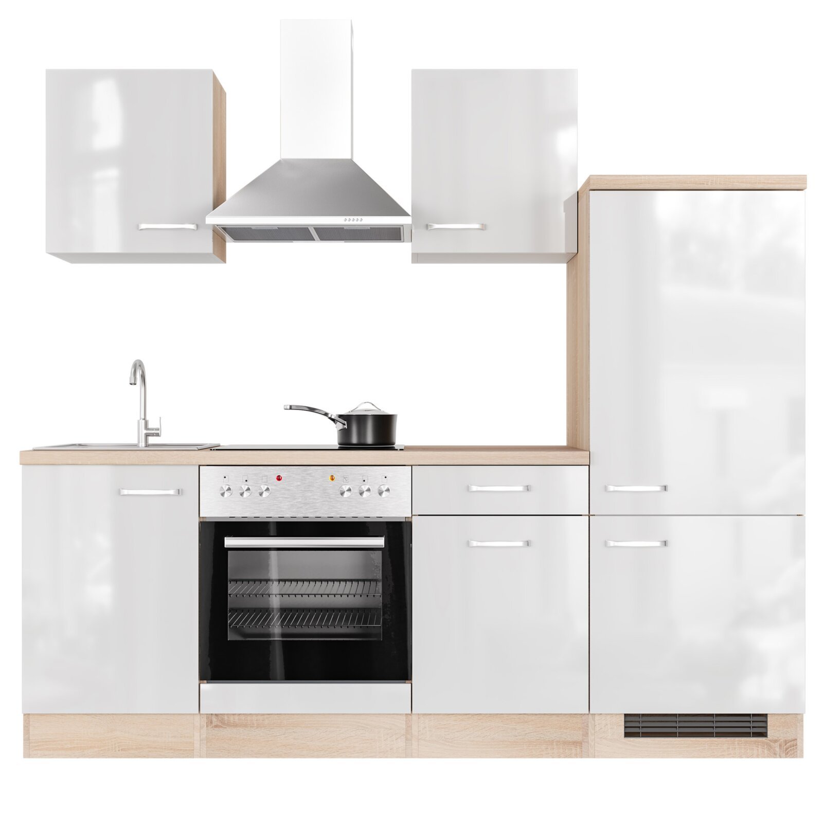 Küchenblock VALERO - weiß Hochglanz - Sonoma Eiche - mit E-Geräten - 220 cm