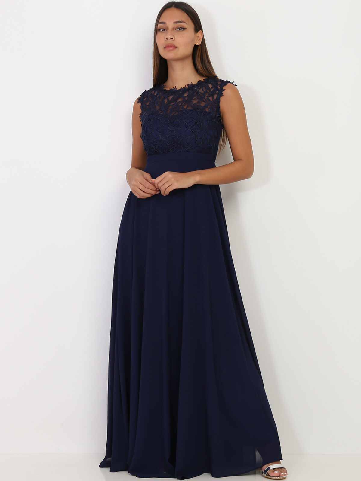 Robe longue à dentelle grandes tailles- Bleu marine