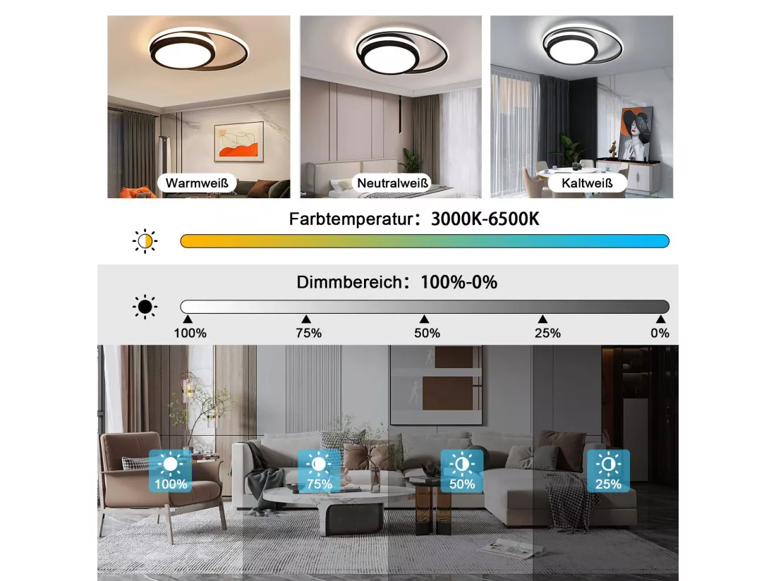 NETTLIFE Plafonnier LED salon dimmable avec télécommande noir 56 W LED intégré en permanence