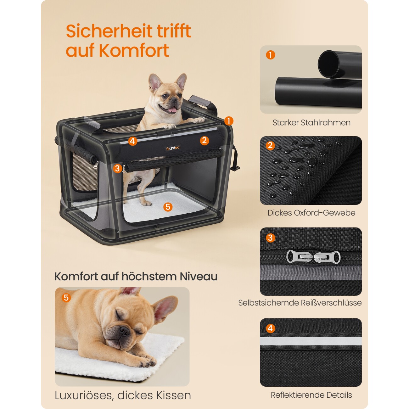 FEANDREA Hundebox faltbar, Hundetasche, Oxford-Gewebe S/M 60 cm, 42 cm, 42 cm
