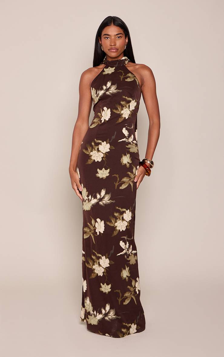 Chocolat Robe Longue Maxi À Imprimé Floral En Mousseline Avec Encolure Américaine