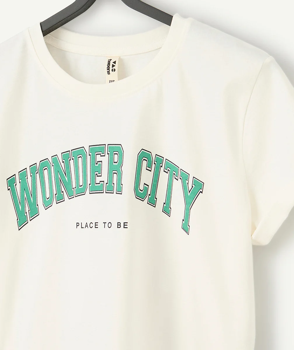 t-shirt manches courtes en coton bio blanc avec message wonder city