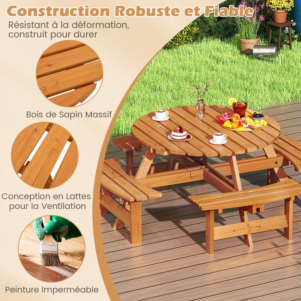 Ensemble Table de Pique-Nique en Bois pour 2 à 8 Personnes Set Table et Banc Circulaire avec 4 Bancs Intégrés Trou de Parasol de 5cm Marron/Jaune - Lidl-Manfred