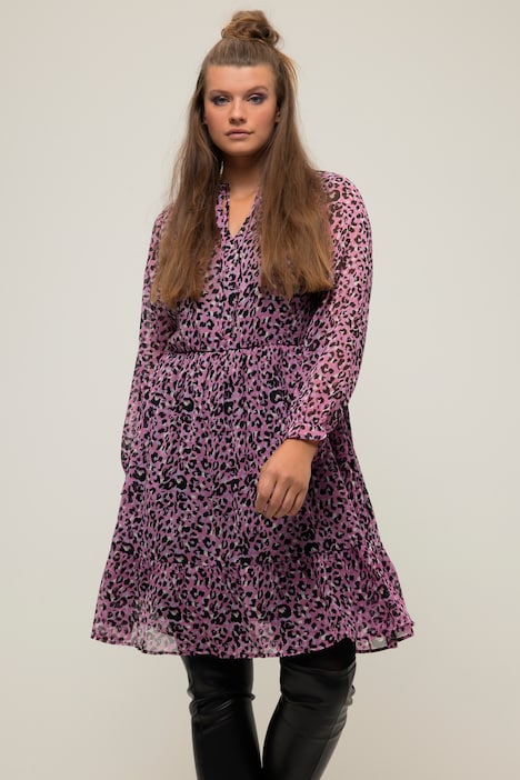 Minikleid, A-Line, Leoprint, Rüschenkragen, Langarm