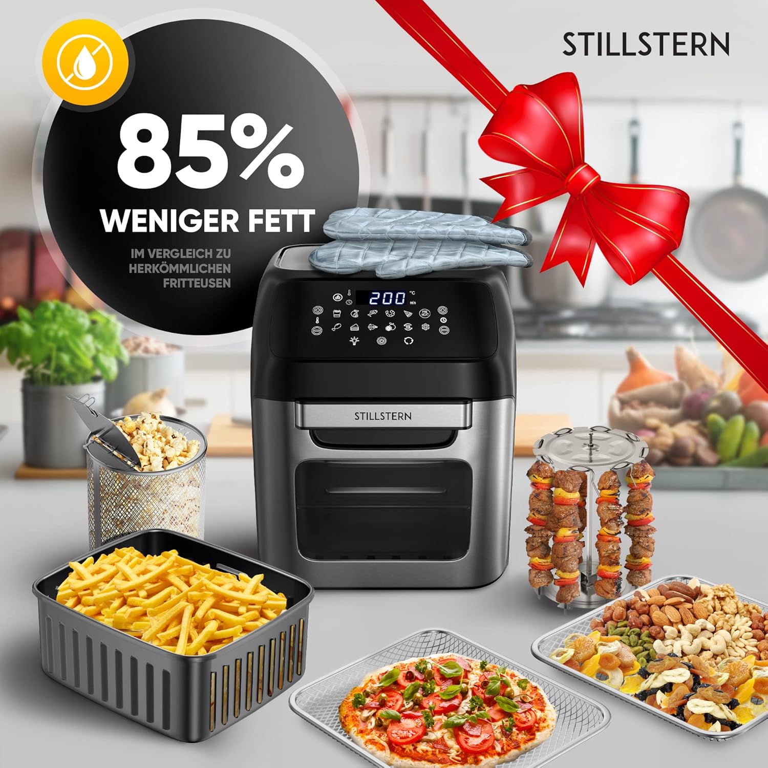 Stillstern Heißluftfritteuse 12L mit LED-Touchscreen, XXL Rezeptbuch auf Deutsch, 12 Programme, Vorheizen&Warmhalten, 1800W Heissluftfritteuse Air Fryer XXL ohne Öl Dörren Minibackofen Camping Grill
