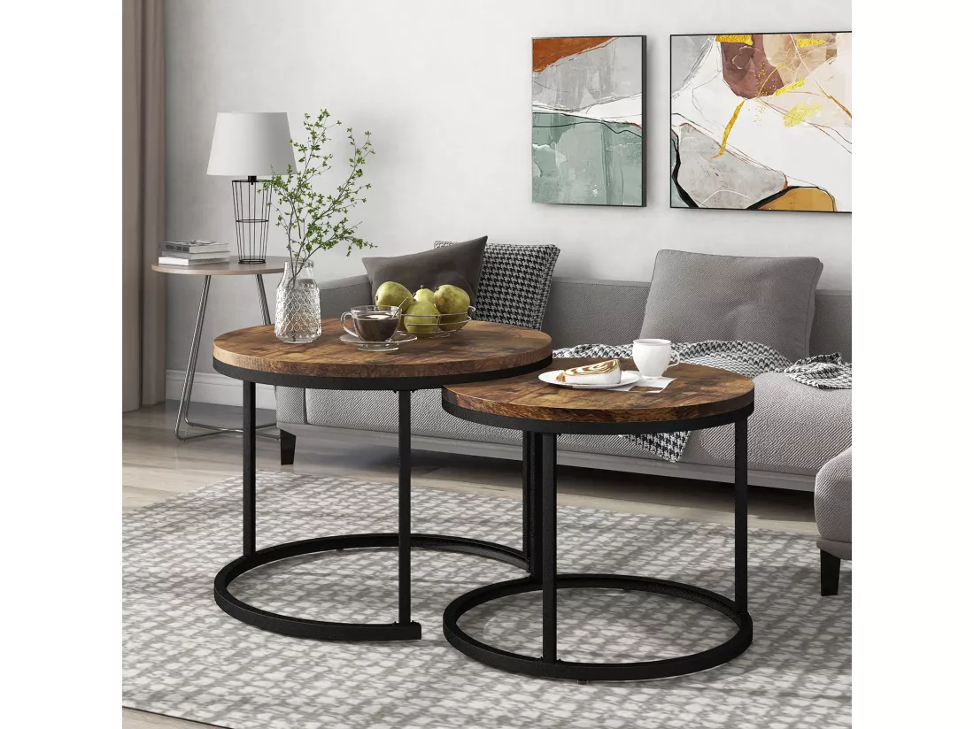 Ensemble de 2 tables basses gigognes rondes effet bois noyer style industriel VELES