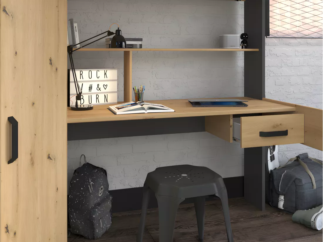 Lit mezzanine avec bureau et armoire - 90 x 200 cm - Coloris : Naturel et anthracite - AUCKLAND