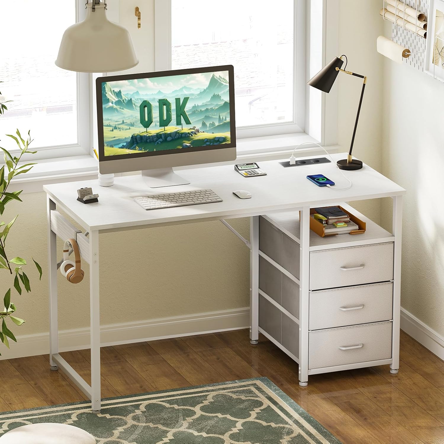 ODK Schreibtisch mit 3 Schubladen aus Stoff, 120x48x75,5 cm Computertisch mit 2 Steckdosen und USB-Buchsen, Umkehrbarer PC Tisch Bürotisch für Home Office, Weiß