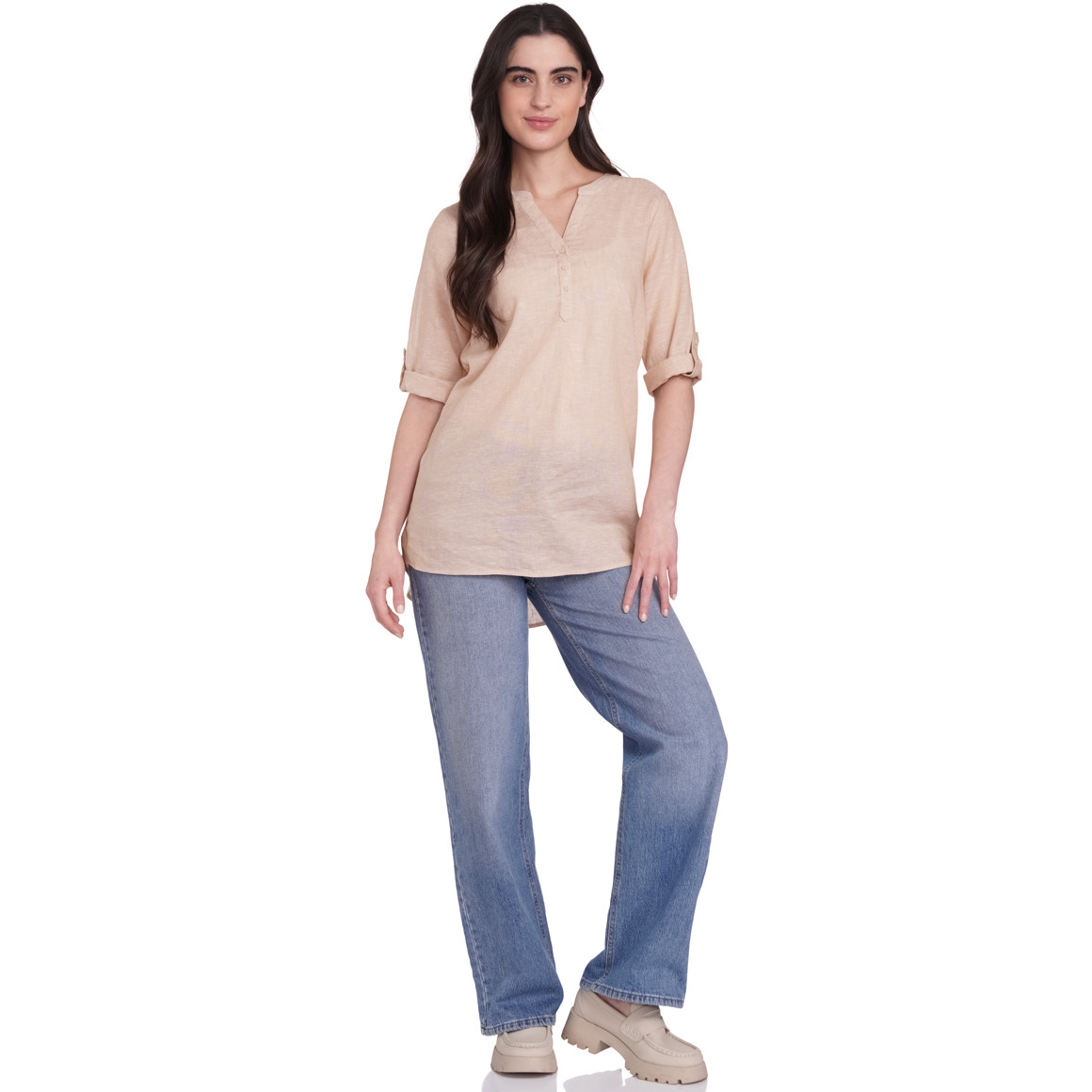 Gina Damen Leinen-Bluse mit Serafino-Ausschnitt hellbraun