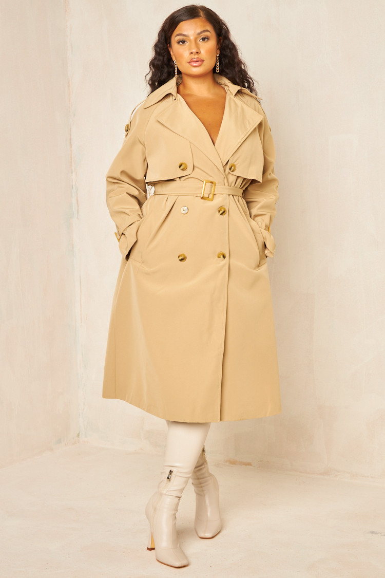 Trench à capuche long beige ceinturé