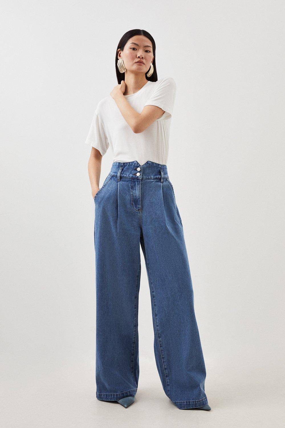 KarenMillen Pantalon en jean à jambes larges pour femmes de petite taille