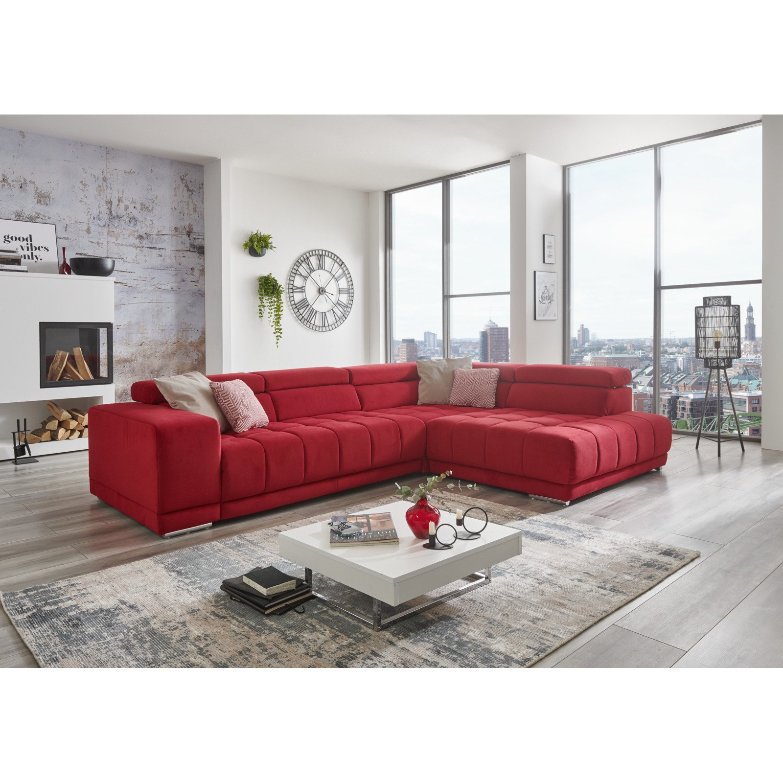 Ecksofa Scarlet Stoff rot, Ottomane rechts