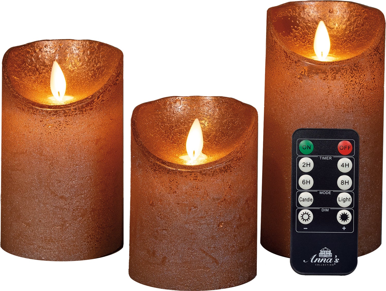 Anna's Collection LED stompkaars Rustiek koper / oranje D 7,5 H 10 / 12,5 / 15 cm 3 stuks