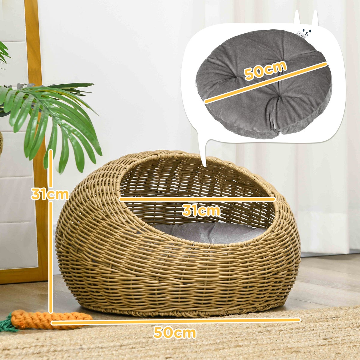 PawHut rotan kattenmand, Ø50 x 31H cm, PE rotan, polyester, bruin