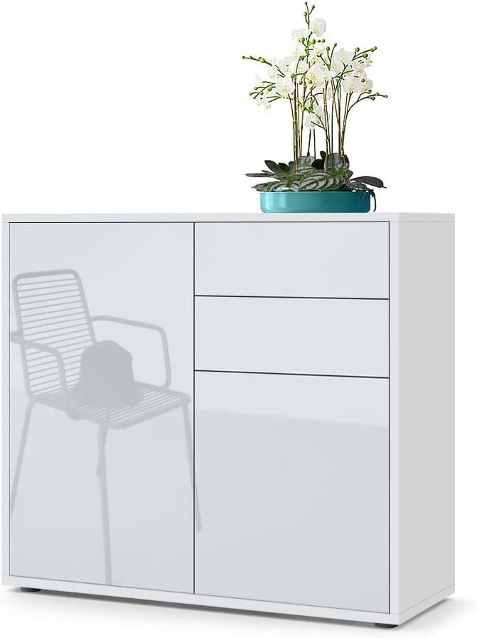 Vladon Sideboard Ben, Made in Germany, Kommode mit 2 Türen und 2 Schubladen, Weiß matt/Weiß Hochglanz (79 x 74 x 36 cm)