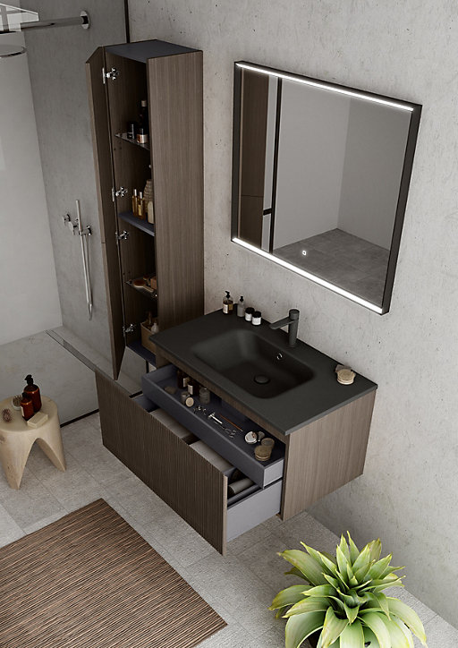 Meuble sous vasque à suspendre Pura placage noyer strié 90 cm + Plan vasque en résine noir mat
