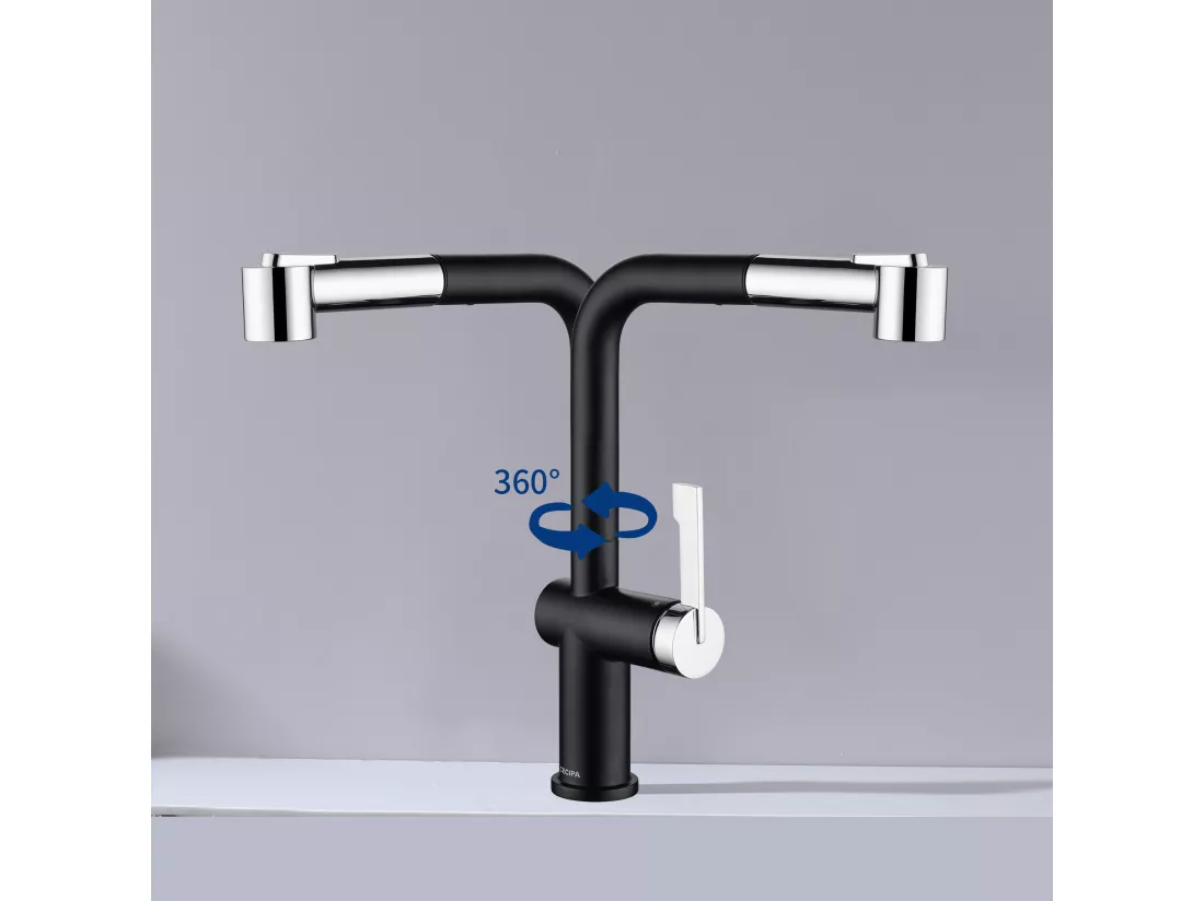 Cecipa max Mitigeur de Cuisine Extractible - Robinet Cuisine à 2 Jets 360 Rotatif - Mitigeur Evier avec Douchette Noir + Galvanique,EU Modèle