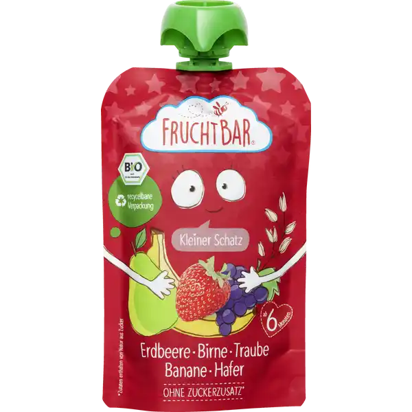 Bio Fruchtpüree Erdbeere, Birne, Traube, Banane und Hafer