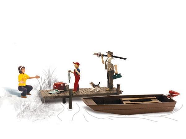 Woodland Scenics Figuren Familie beim Angeln H0 Angeln am See inklusive kleinem Motorboot