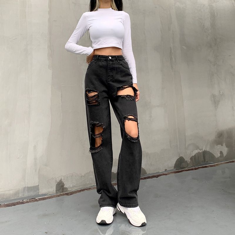 Genrovia - Hoge taille jeans met rechte pijpen en distressed look