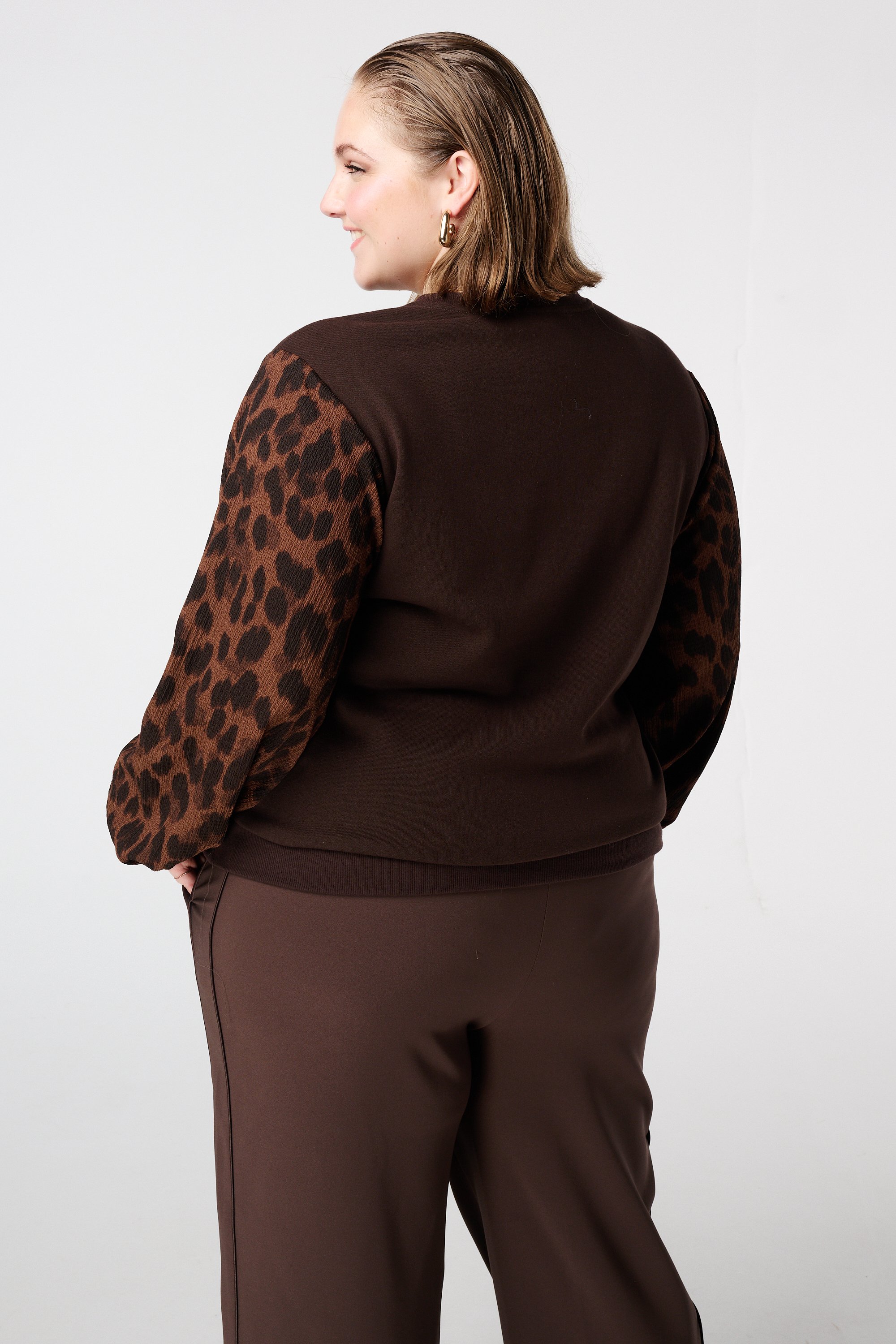Sweater met ballonmouwen met opdruk Donker bruin
