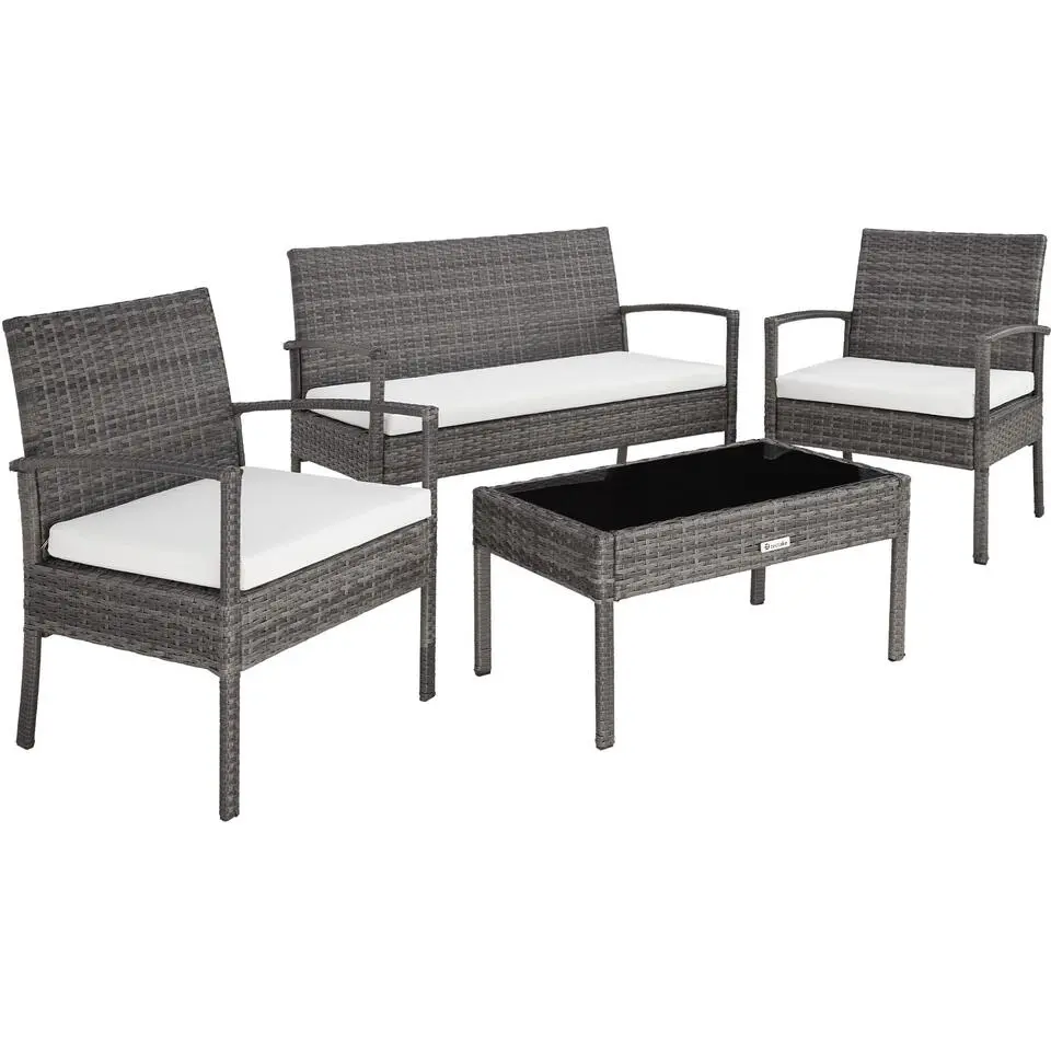 tectake - loungeset - bank, stoelen en tafel - wicker - grijs