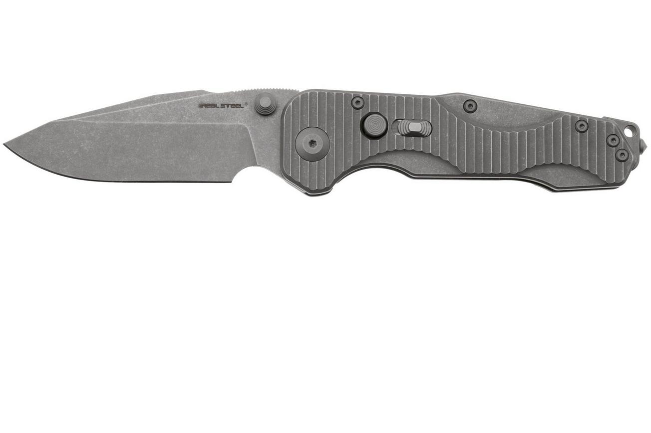 Real Steel Evolution 9911 Frame Lock & Button Unlocking Heavy Duty Tactical Knife, Stonewashed Drop Point S35VN, Titanium, zakmes