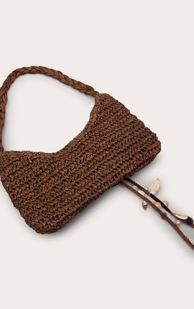 Chocolat Sac À Bandoulière En Raphia Avec Ornements De Coquillages