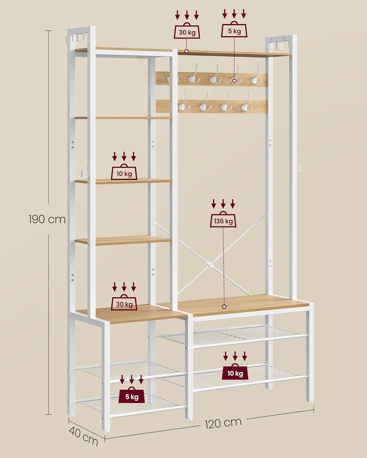 VASAGLE Garderobenständer mit Schuhbank, Garderobe, 5 Regalebenen aus Spanplatten, 9 Dreifach-Haken, 6 seitliche Haken, 40 x 120 x 190 cm, goldeichenfarben-wolkenweiß HSR426Y01