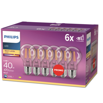 Philips LED peer E27 3,4W 6 stuks filament helder niet dimbaar