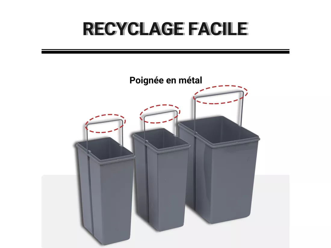 Poubelle de tri coulissante - 3 bacs amovibles avec poignée - 2 x 10L et 1 x 20L - métal PP gris