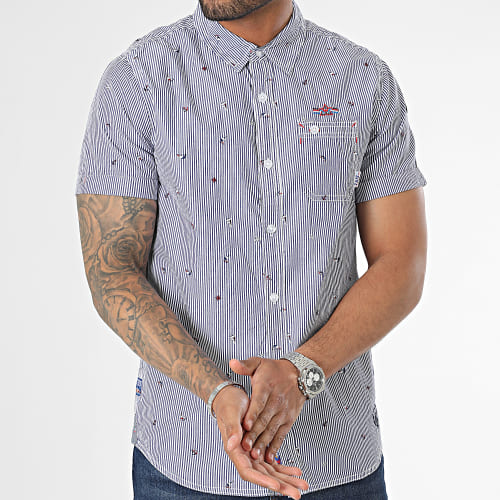 Chemise Manches Courtes A Rayures Clerk Bleu Marine Blanc