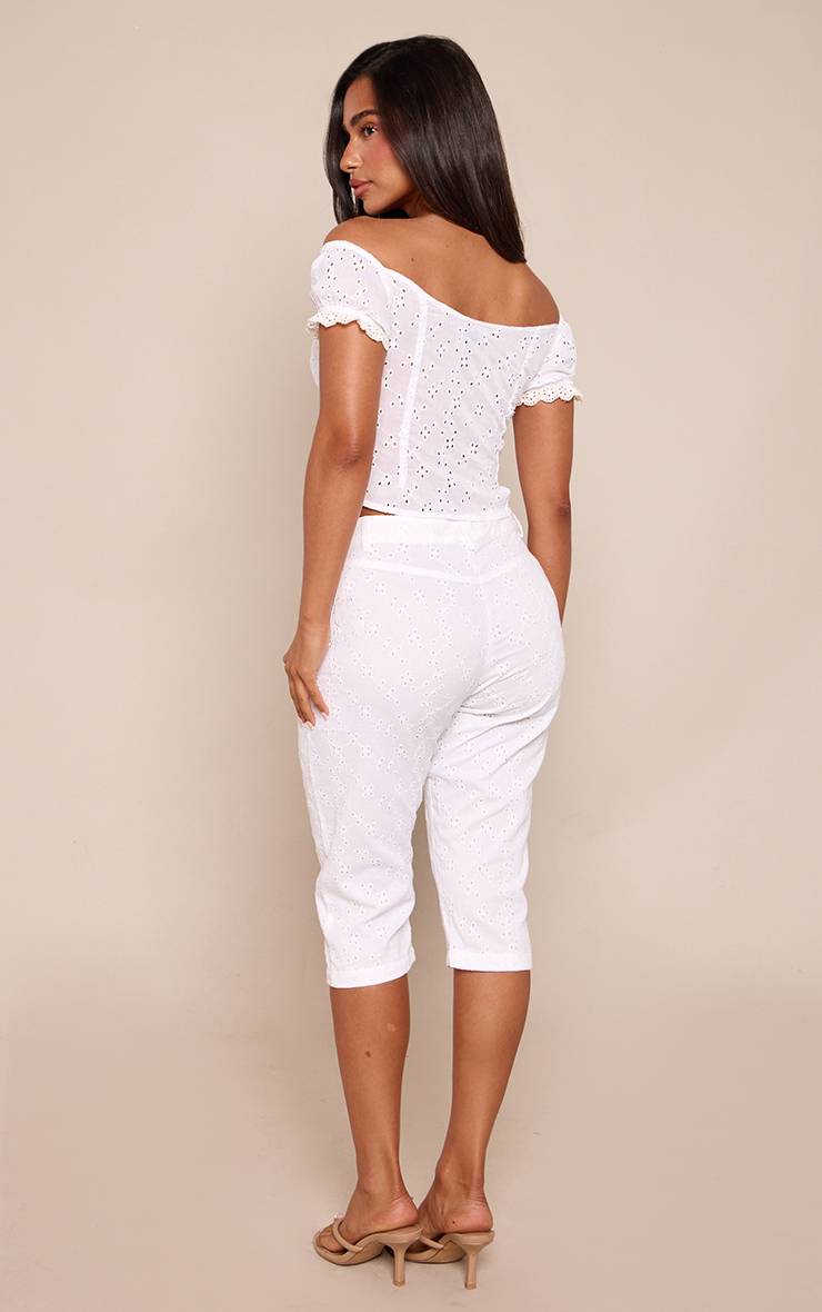 Blanc Pantalon Capri Taille Élastiquée En Broderie Anglaise Petite
