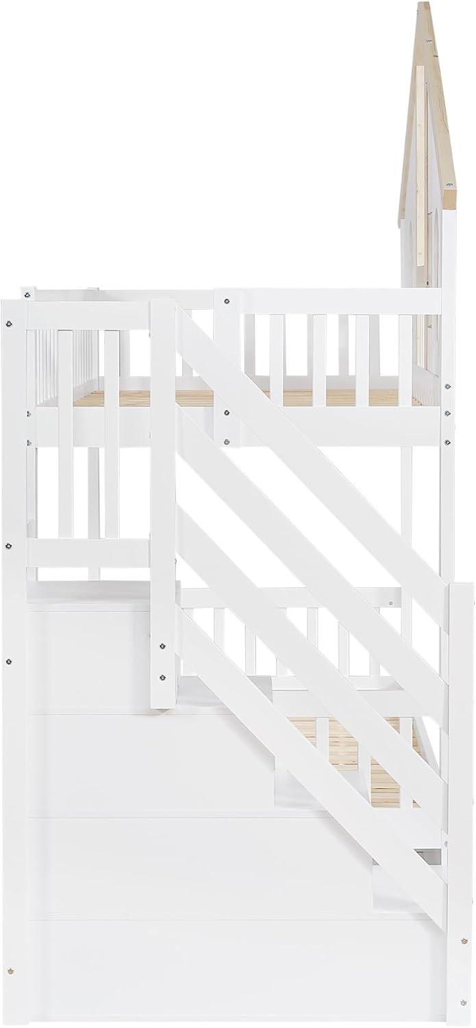 Kinderbett 90x200 cm, Etagenbett mit 2 Schubladen, Treppe mit 4 Ablagefächern, Stockbett für 2 Kinder, Holzbett mit Fenster Fallschutzgitter, Weiß+Natur, ohne Matratze