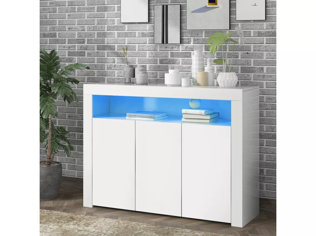 Buffet avec 3 portes et étagère - 130 x 35 x 95 cm - LEDs - Panneaux de particules - Blanc