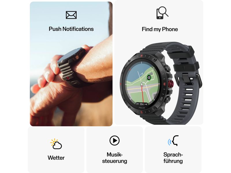 POLAR Sportuhr Grit X2 PRO Schwarz, M/L Sportuhr mit optischer Pulsmessung und Smartwatch-Navigation