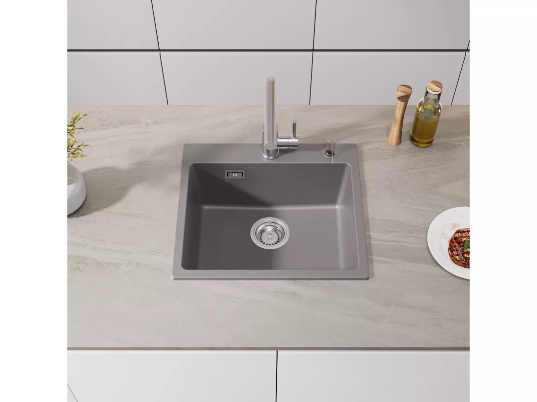 Cecipa max Evier 1 Bac Gris 50x45cm Evier de Cuisine en Quartz et Résine Evier à Encastrer 1 cuve + 300ML Distributeur de Savon Brossé