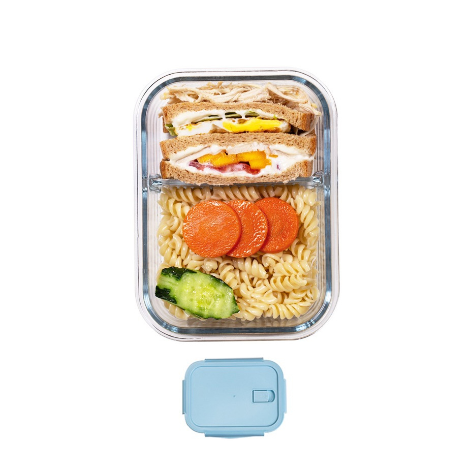 (1l) Glas Frischhalte Dose Auslaufsichere Lunch Box Aufbewahrungs Behälter mit 2 Fächern / Deckel - Blau