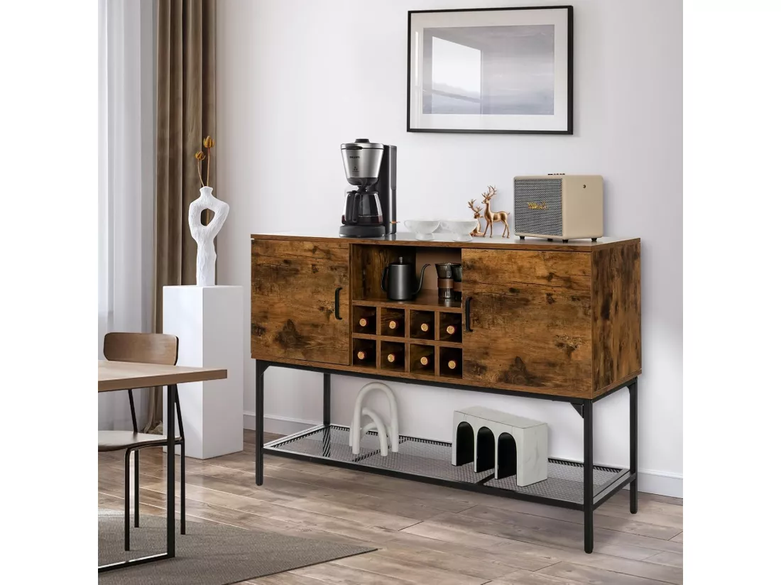 Buffet cuisine avec casier à vin,2 armoires à portes, étagère en maille, 120 x 40 x 85 cm