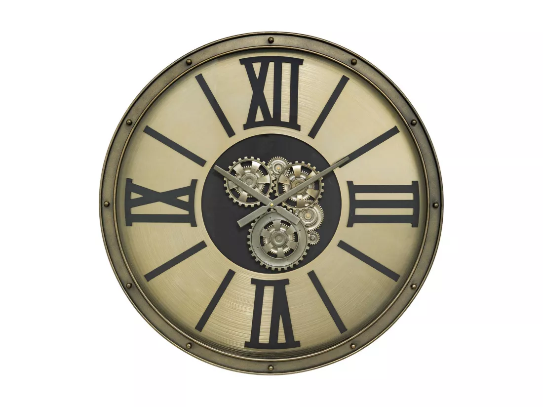 Grande Pendule murale Argent style industriel avec rouages mobiles D 80 cm